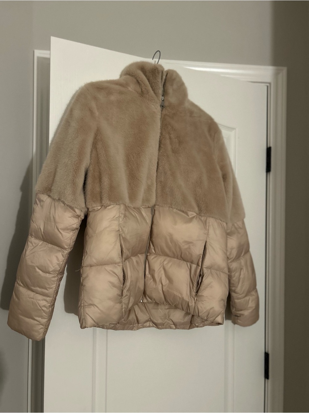 Zella Two-Tone Faux Fur Puffer Jacket - Taupe